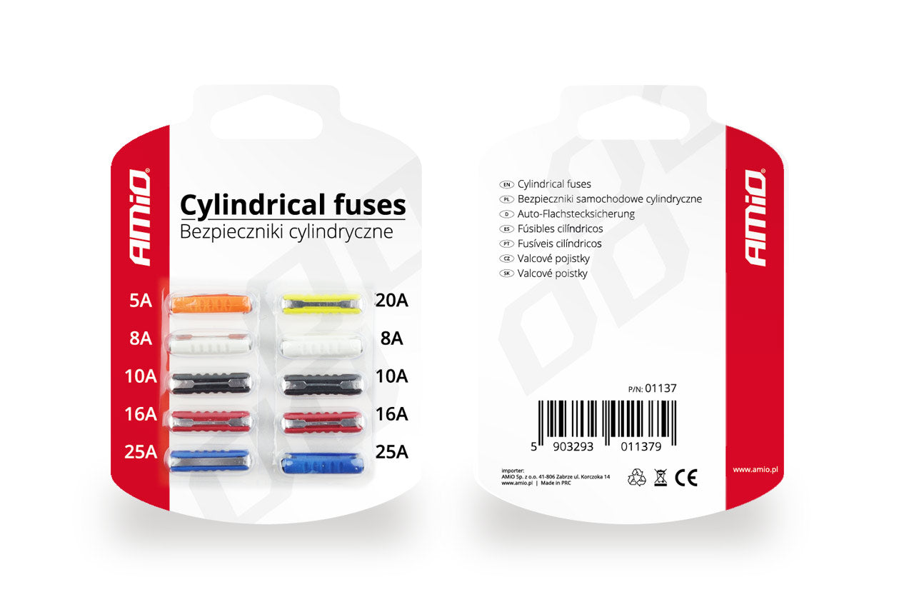 Confezione blister con 10 fusibili cilindrici per auto