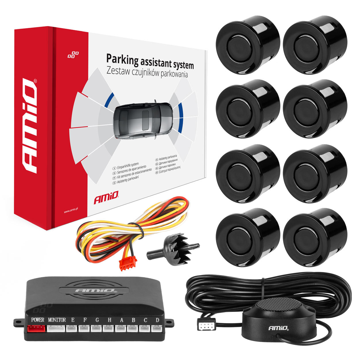 Kit assistenza al parcheggio con 8 sensori neri e buzzer