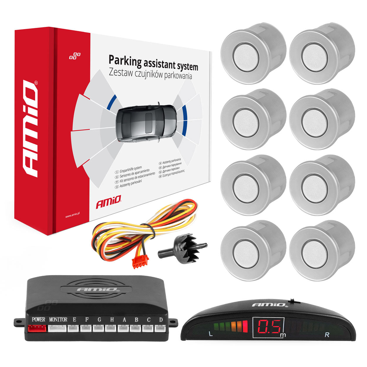 Sensore di parcheggio con 8 sensori argentati e indicatore LED