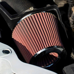 Konisk luftfilter til bil vist med dimensioner