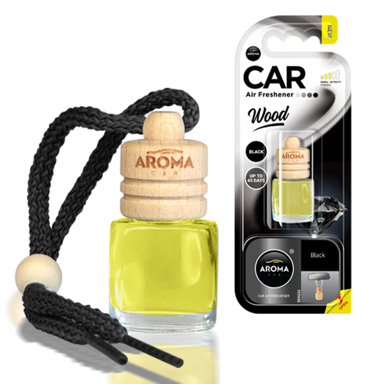 Aromatizzatore per auto Aroma Wood Black con flacone in vetro e tappo in legno