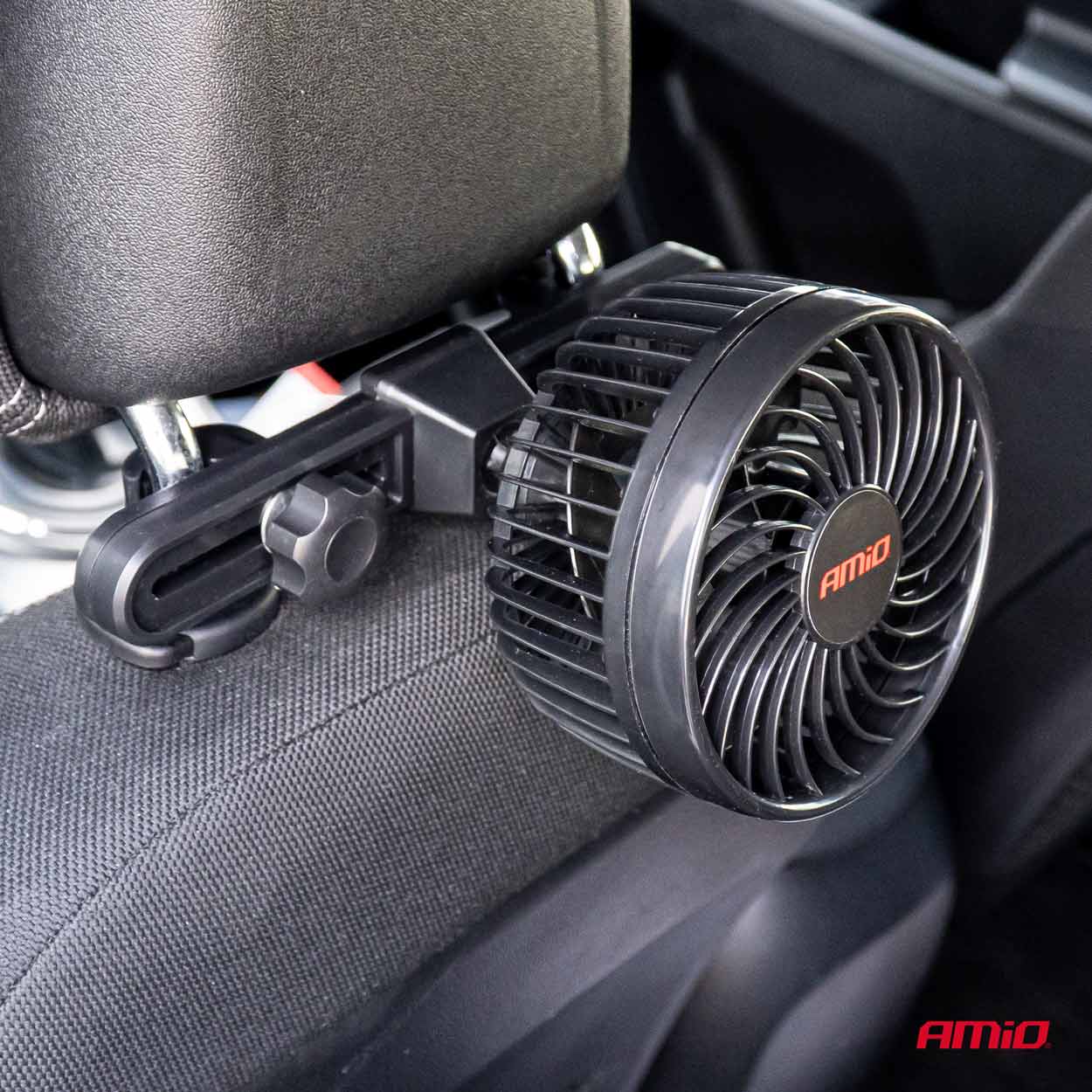 Ventilatore auto nero 12V con staffa per poggiatesta
