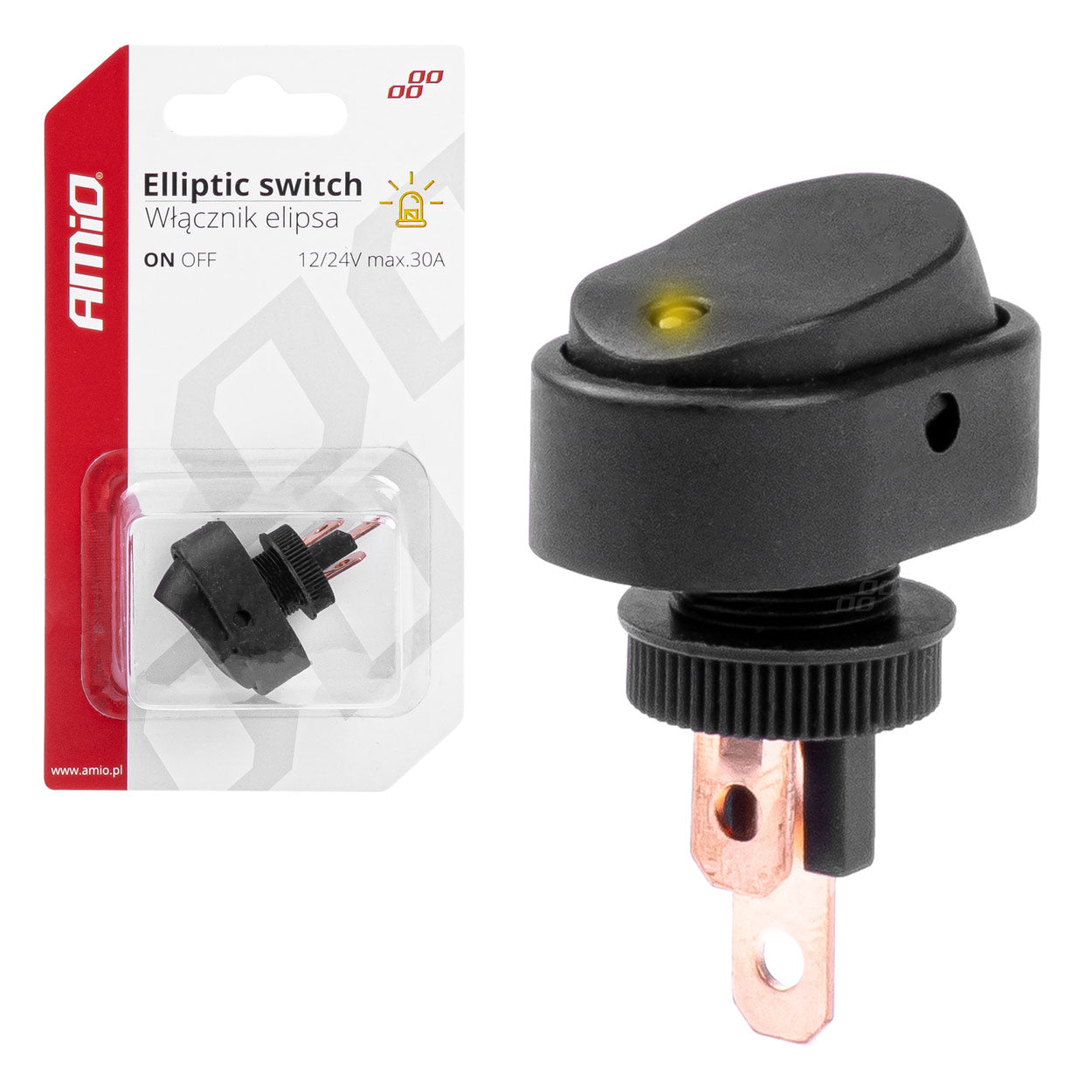 Elliptisk sort kontakt med gult lys til 12/24 V