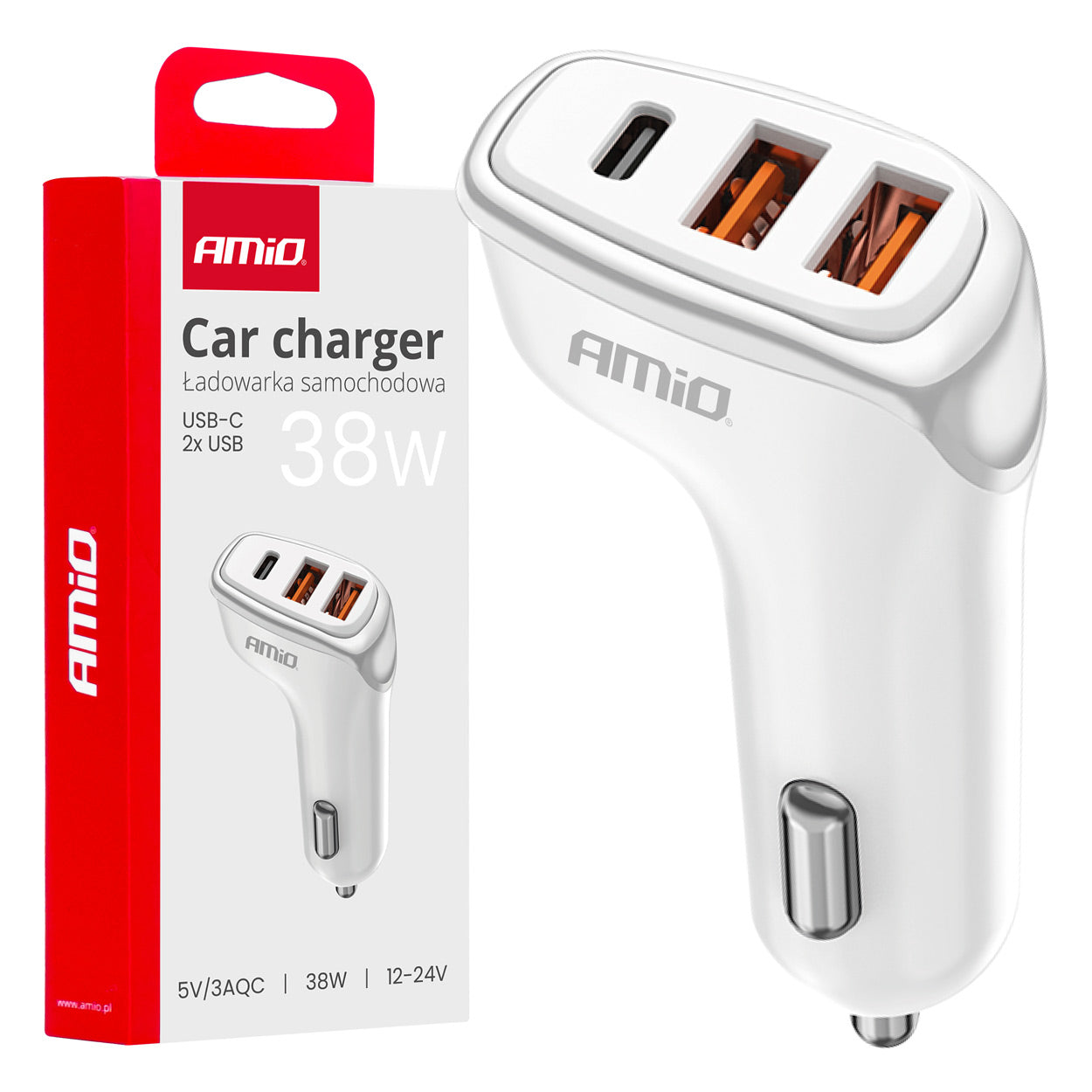 Hvid USB-biloplader med 38 W og tre porte