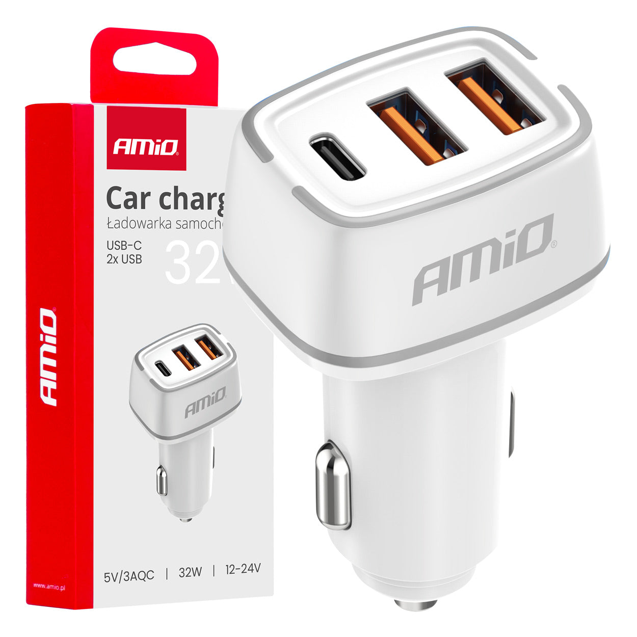 Hvid billader med to USB-A-porte og USB-C