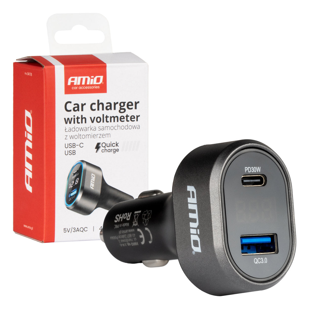 USB biloplader med LED-voltmeter, USB-C PD 30W og USB-A QC 3.0