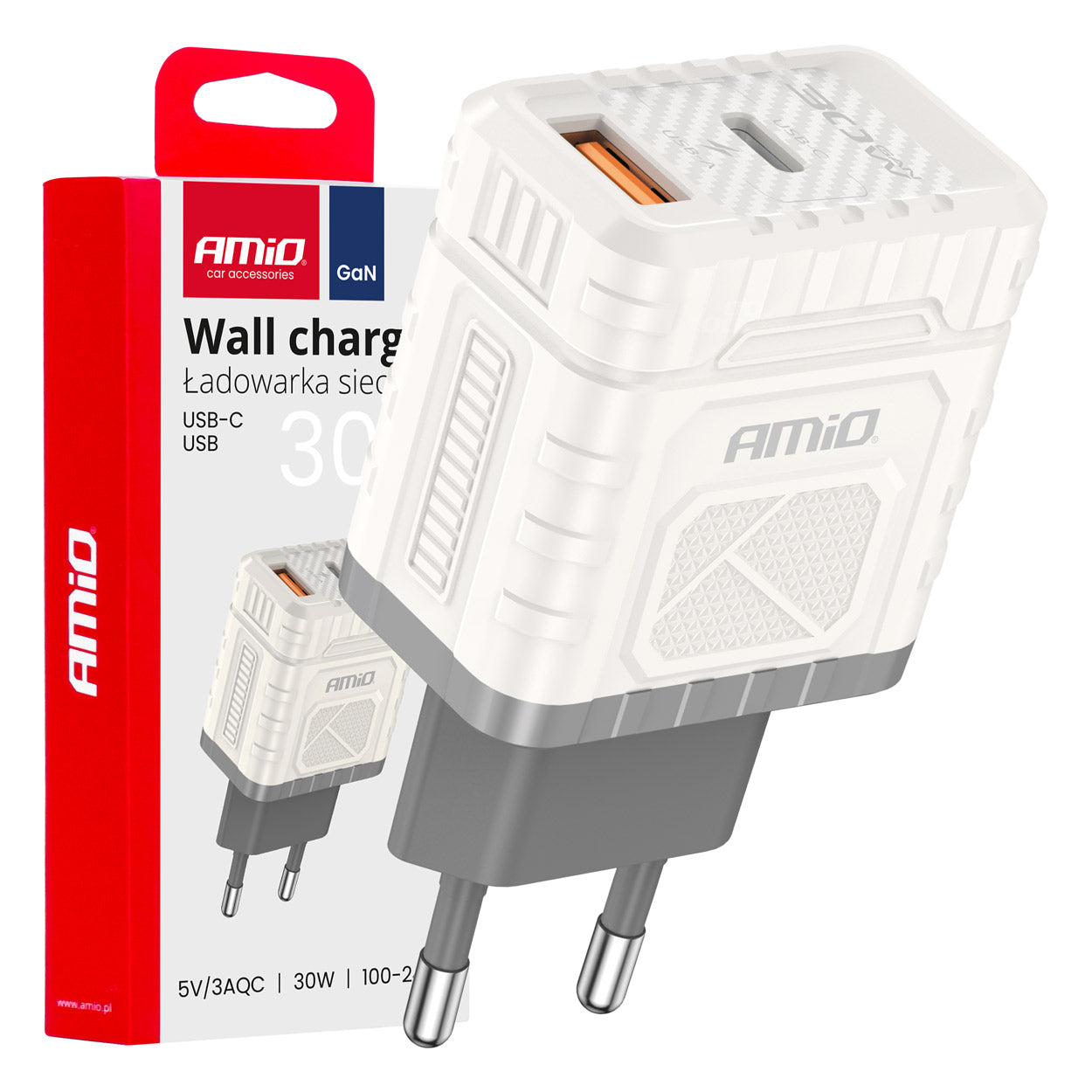 Vægoplader 30 W GaN med USB-A og USB-C