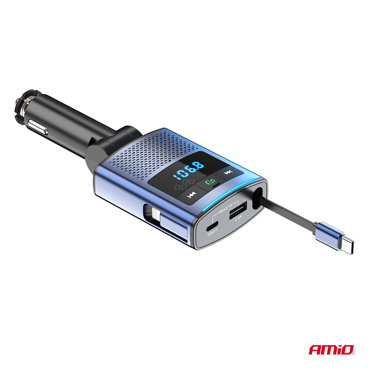 FM-sender med udtrækkeligt USB-C-kabel