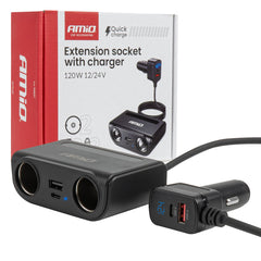 Forlængerstik til cigarettænder med 2 udtag, USB-C og USB-A