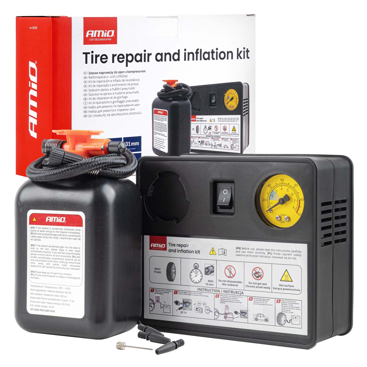 Kit di riparazione pneumatici e gonfiaggio con compressore 12 V e cilindro da 31 mm