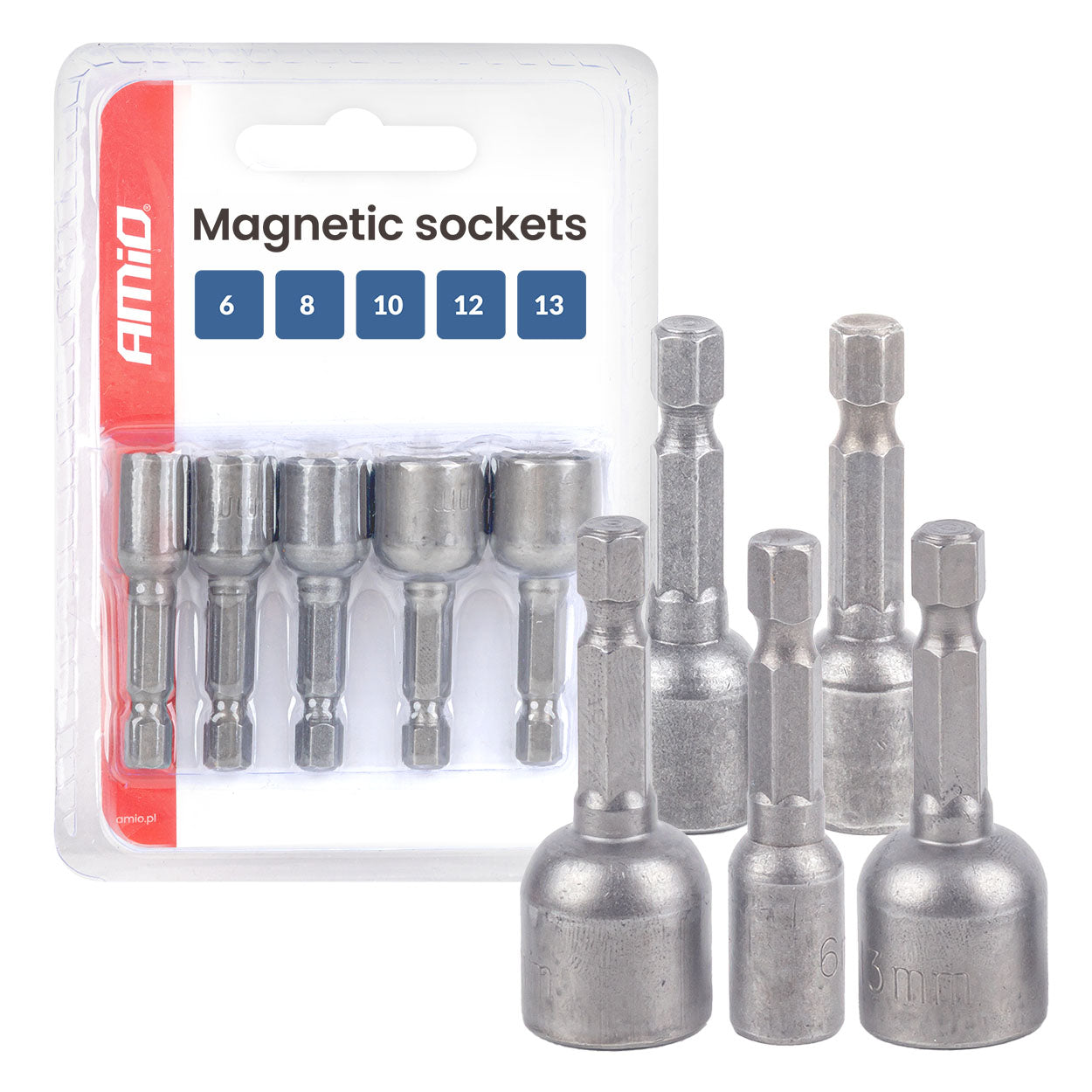 Set di cinque bussole magnetiche nelle misure 6, 8, 10, 12 e 13 mm