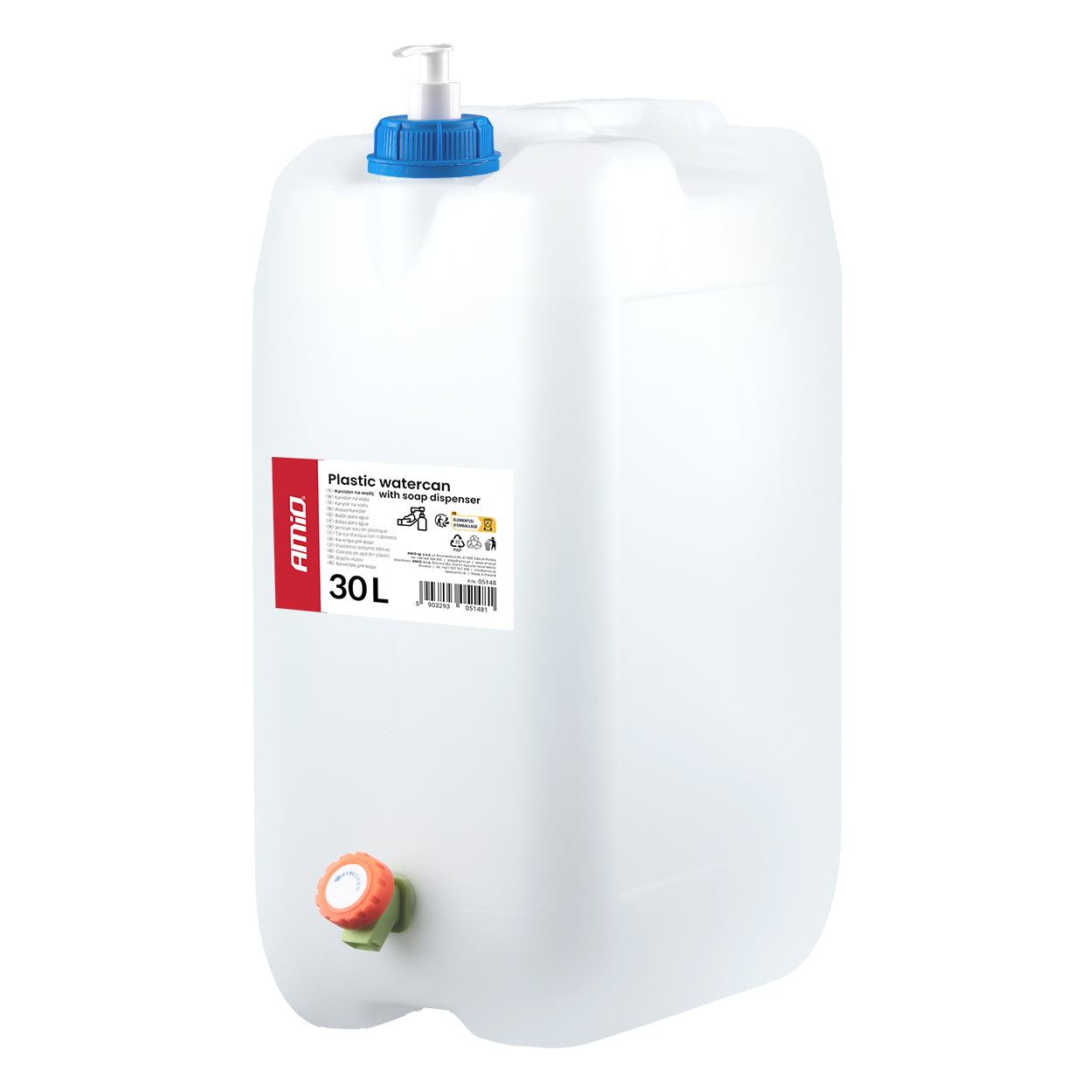 Tanica d’acqua bianca da 30 litri con rubinetto e dispenser per sapone