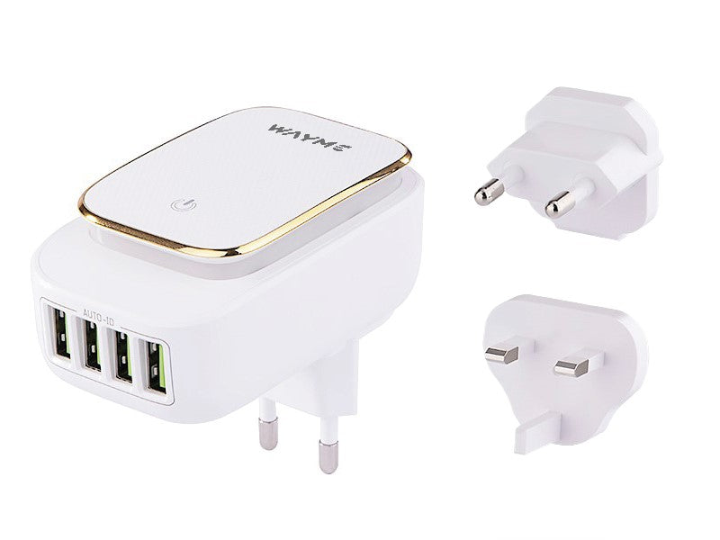 Caricatore da viaggio WAYME con 4 porte USB-A, luce LED e adattatori per prese EU, UK e USA
