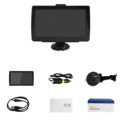 7" GPS Skærm – EU Navigation, FM Radio og Medieafspilning med tilbehør og monteringsudstyr.
