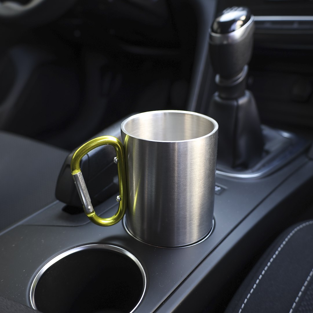 Tazza in acciaio da 300 ml con moschettone nel manico