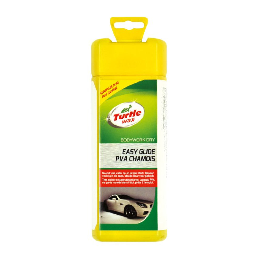 Turtle Wax Syntetiske Vaskeskind i beholder med Easy Glide PVA chamois til bilvask.