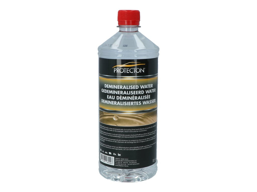 Protecton Demineraliseret Vand 1 Liter bottle, ideal for batteries and steam irons, prevents limescale and stains.