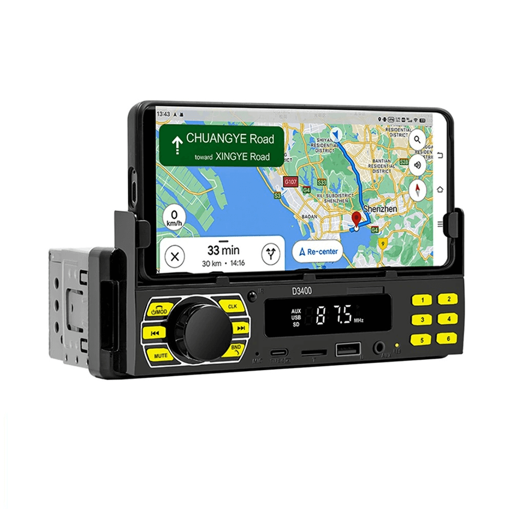 Autoradio universale 1-DIN con supporto per telefono, USB-C e Bluetooth 5.1 con navigazione GPS sul telefono.