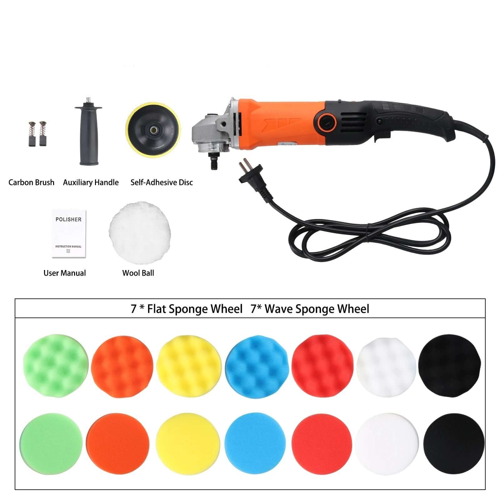 Polermaskine 1200 W med tilbehør, inkl. svampehjul og brugerhåndbog for effektiv polering