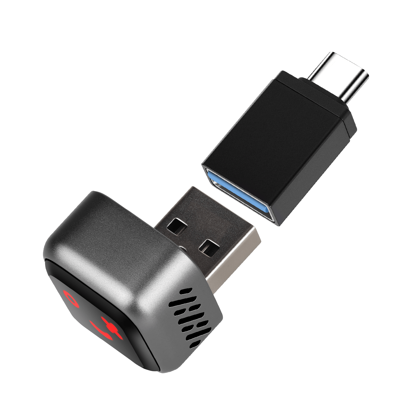 Mini draadloze CarPlay & Android Auto-adapter (5.8GHz – Plug & Play) met USB- en USB-C-aansluitingen.