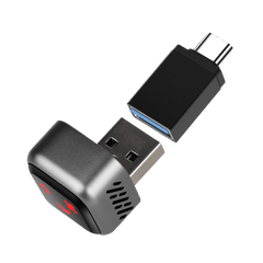 Mini draadloze CarPlay & Android Auto-adapter (5.8GHz – Plug & Play) met USB- en USB-C-aansluitingen.